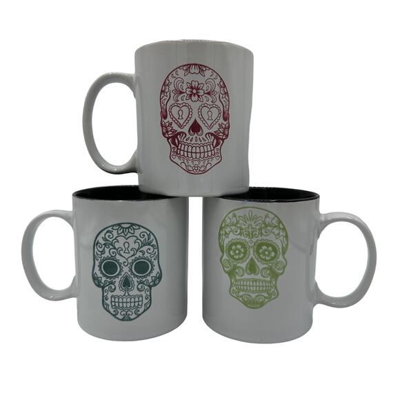 Sugar Skull Day of the Dead Mugs Set of 3, 8 oz Pink Lime Teal - Picture 2 of 6